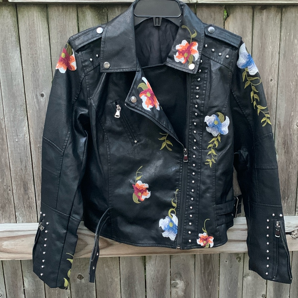 Medium Moto Jacket With Floral Stitching!!! Uber Cool!!